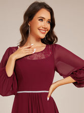 Load image into Gallery viewer, Color=Burgundy | Elegant Round Neck Smocking Midi Length Chiffon Wedding Guest Dresses with Asymmetrical Hem-Burgundy 5