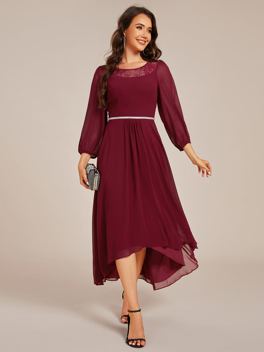 Color=Burgundy | Elegant Round Neck Smocking Midi Length Chiffon Wedding Guest Dresses with Asymmetrical Hem-Burgundy 1