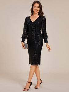 Color=Black | Exquisite Midi Length Buttock Sequin Wedding Guest Dresses with Lantern Sleeve-Black 3