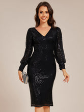 Load image into Gallery viewer, Color=Black | Exquisite Midi Length Buttock Sequin Wedding Guest Dresses with Lantern Sleeve-Black 1