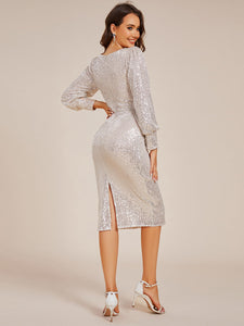 Color=Charcoal | Exquisite Midi Length Buttock Sequin Wedding Guest Dresses with Lantern Sleeve-Charcoal 7