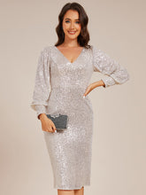 Load image into Gallery viewer, Color=Charcoal | Exquisite Midi Length Buttock Sequin Wedding Guest Dresses with Lantern Sleeve-Charcoal 6