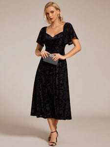 Color=Black | Exquisite Square Neckline Tea length Wedding Guest Dresses with Jacquard Decoration-Black 3