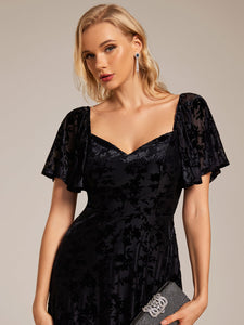 Color=Black | Exquisite Square Neckline Tea length Wedding Guest Dresses with Jacquard Decoration-Black 5