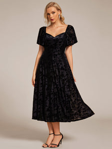 Color=Black | Exquisite Square Neckline Tea length Wedding Guest Dresses with Jacquard Decoration-Black 1