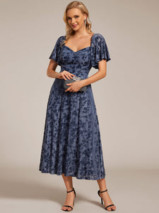 Color=Dusty Navy | Exquisite Square Neckline Tea length Wedding Guest Dresses with Jacquard Decoration-Dusty Navy 13