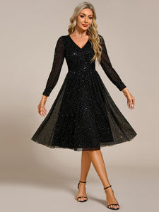 Color=Black | Elegant Long Lantern Sleeve Midi Length Sequin Tulle Dresses with Shimmer Decoration-Black 3