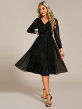 Load image into Gallery viewer, Color=Black | Elegant Long Lantern Sleeve Midi Length Sequin Tulle Dresses with Shimmer Decoration-Black 5