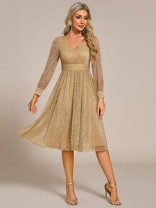 Color=Gold | Elegant Long Lantern Sleeve Midi Length Sequin Tulle Dresses with Shimmer Decoration-Gold 8