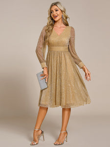 Color=Gold | Elegant Long Lantern Sleeve Midi Length Sequin Tulle Dresses with Shimmer Decoration-Gold 9