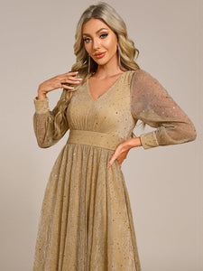 Color=Gold | Elegant Long Lantern Sleeve Midi Length Sequin Tulle Dresses with Shimmer Decoration-Gold 10