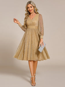 Color=Gold | Elegant Long Lantern Sleeve Midi Length Sequin Tulle Dresses with Shimmer Decoration-Gold 6