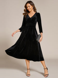 Elegant Tea Length High Stretch Smocking Velvet Wedding Guest Dresses