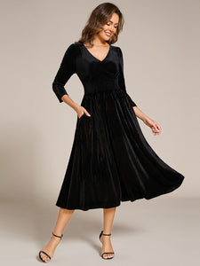 Elegant Tea Length High Stretch Smocking Velvet Wedding Guest Dresses