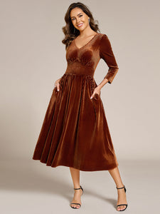 Color=Caramel | Elegant Tea Length High Stretch Smocking Velvet Wedding Guest Dresses-Caramel 3