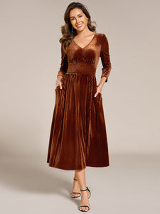 Color=Caramel | Elegant Tea Length High Stretch Smocking Velvet Wedding Guest Dresses-Caramel 4