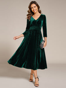 Elegant Tea Length High Stretch Smocking Velvet Wedding Guest Dresses