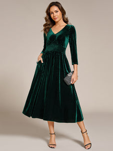 Elegant Tea Length High Stretch Smocking Velvet Wedding Guest Dresses