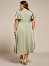 Load image into Gallery viewer, Color=Sage Green | Elegant Ruffles Sleeve Midi Length Satin Bridesmaid Dresses with Regular Fold Stream Asymmetrical Hem-Sage Green 2