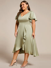 Load image into Gallery viewer, Color=Sage Green | Elegant Ruffles Sleeve Midi Length Satin Bridesmaid Dresses with Regular Fold Stream Asymmetrical Hem-Sage Green 3