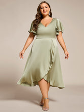 Load image into Gallery viewer, Color=Sage Green | Elegant Ruffles Sleeve Midi Length Satin Bridesmaid Dresses with Regular Fold Stream Asymmetrical Hem-Sage Green 4