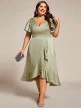Load image into Gallery viewer, Color=Sage Green | Elegant Ruffles Sleeve Midi Length Satin Bridesmaid Dresses with Regular Fold Stream Asymmetrical Hem-Sage Green 1