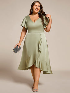 Color=Sage Green | Elegant Ruffles Sleeve Midi Length Satin Bridesmaid Dresses with Regular Fold Stream Asymmetrical Hem-Sage Green 1