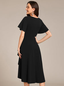 Color=Black | Elegant Midi Length ruffles sleeve Chiffon Wedding Guest Dresses with Regular Fold Stream-Black 2