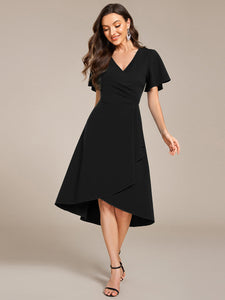 Color=Black | Elegant Midi Length ruffles sleeve Chiffon Wedding Guest Dresses with Regular Fold Stream-Black 3