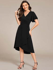 Color=Black | Elegant Midi Length ruffles sleeve Chiffon Wedding Guest Dresses with Regular Fold Stream-Black 4