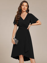 Load image into Gallery viewer, Color=Black | Elegant Midi Length ruffles sleeve Chiffon Wedding Guest Dresses with Regular Fold Stream-Black 1