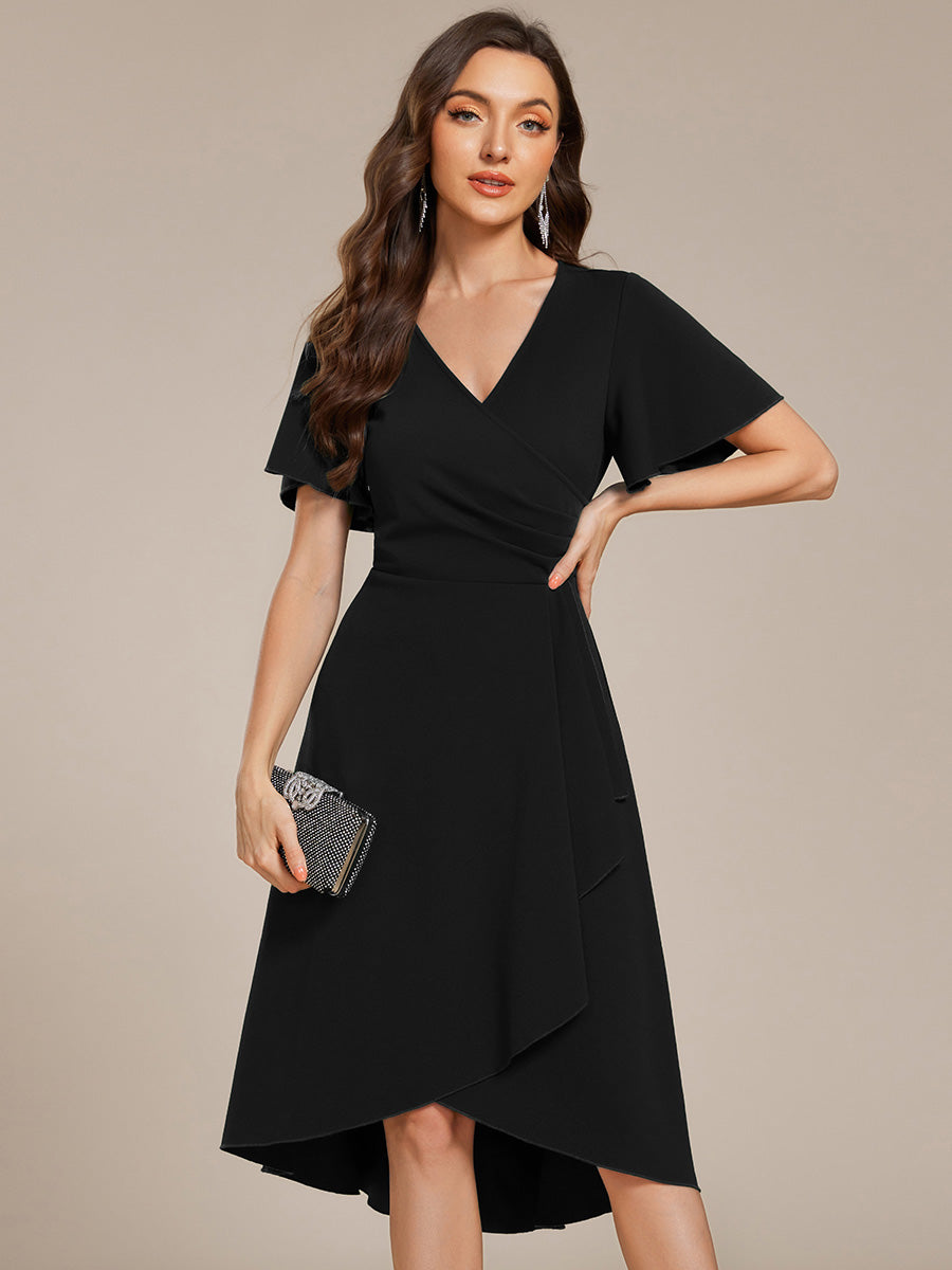 Color=Black | Elegant Midi Length ruffles sleeve Chiffon Wedding Guest Dresses with Regular Fold Stream-Black 1