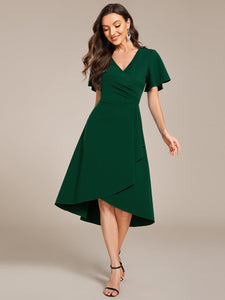 Color=Dark Green | Elegant Midi Length ruffles sleeve Chiffon Wedding Guest Dresses with Regular Fold Stream-Dark Green 8