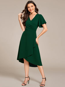 Color=Dark Green | Elegant Midi Length ruffles sleeve Chiffon Wedding Guest Dresses with Regular Fold Stream-Dark Green 9