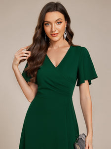 Color=Dark Green | Elegant Midi Length ruffles sleeve Chiffon Wedding Guest Dresses with Regular Fold Stream-Dark Green 10