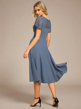 Load image into Gallery viewer, Color=Denim Blue | Short Sleeve Ruffle Sweetheart A-Line High Stretch Midi Wedding Guest Dress-Denim Blue 2