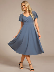 Color=Denim Blue | Short Sleeve Ruffle Sweetheart A-Line High Stretch Midi Wedding Guest Dress-Denim Blue 4