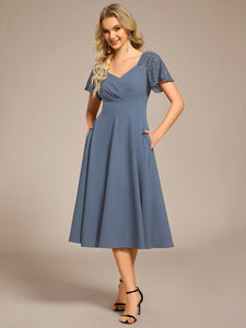 Color=Denim Blue | Short Sleeve Ruffle Sweetheart A-Line High Stretch Midi Wedding Guest Dress-Denim Blue 5