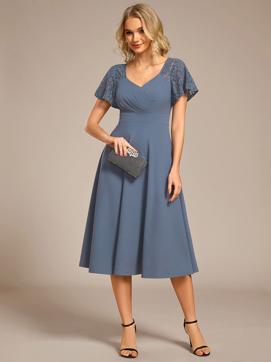 Color=Denim Blue | Short Sleeve Ruffle Sweetheart A-Line High Stretch Midi Wedding Guest Dress-Denim Blue 1