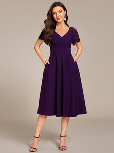 Color=Dark Purple | Short Sleeve Ruffle Sweetheart A-Line High Stretch Midi Wedding Guest Dress-Dark Purple 9