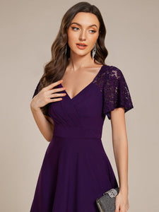 Color=Dark Purple | Short Sleeve Ruffle Sweetheart A-Line High Stretch Midi Wedding Guest Dress-Dark Purple 8