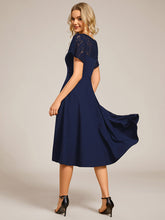 Load image into Gallery viewer, Color=Navy Blue | Short Sleeve Ruffle Sweetheart A-Line High Stretch Midi Wedding Guest Dress-Navy Blue 12