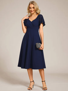 Color=Navy Blue | Short Sleeve Ruffle Sweetheart A-Line High Stretch Midi Wedding Guest Dress-Navy Blue 14