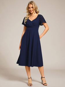 Color=Navy Blue | Short Sleeve Ruffle Sweetheart A-Line High Stretch Midi Wedding Guest Dress-Navy Blue 15