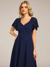 Load image into Gallery viewer, Color=Navy Blue | Short Sleeve Ruffle Sweetheart A-Line High Stretch Midi Wedding Guest Dress-Navy Blue 13