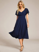 Load image into Gallery viewer, Color=Navy Blue | Short Sleeve Ruffle Sweetheart A-Line High Stretch Midi Wedding Guest Dress-Navy Blue 11