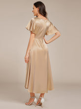 Load image into Gallery viewer, Color=Charcoal | Elegant Ruffles Sleeve Midi Length Satin Wedding Guest Dresses with Asymmetrical Hem-Charcoal 2