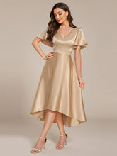 Load image into Gallery viewer, Color=Charcoal | Elegant Ruffles Sleeve Midi Length Satin Wedding Guest Dresses with Asymmetrical Hem-Charcoal 3