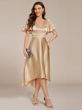 Load image into Gallery viewer, Color=Charcoal | Elegant Ruffles Sleeve Midi Length Satin Wedding Guest Dresses with Asymmetrical Hem-Charcoal 4