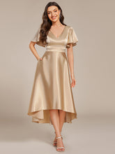 Load image into Gallery viewer, Color=Charcoal | Elegant Ruffles Sleeve Midi Length Satin Wedding Guest Dresses with Asymmetrical Hem-Charcoal 1